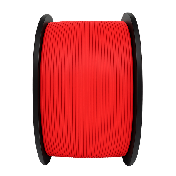 Spool of red filament on a white background