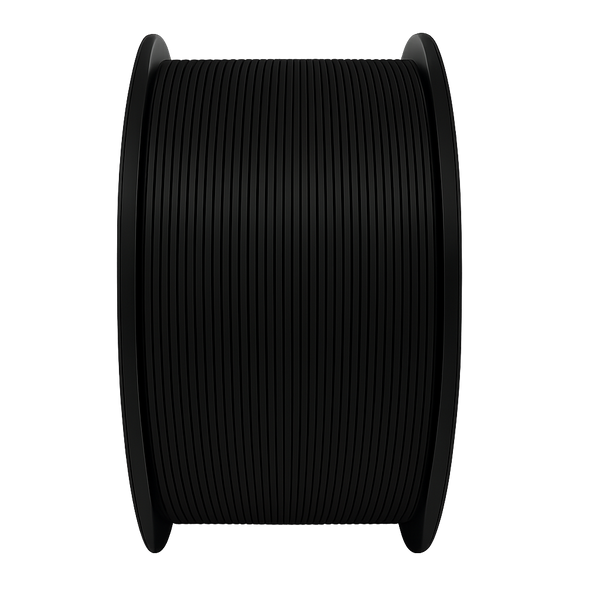 Spool of black filament on a white background