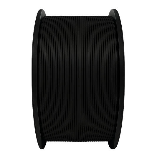 Spool of black filament on a white background