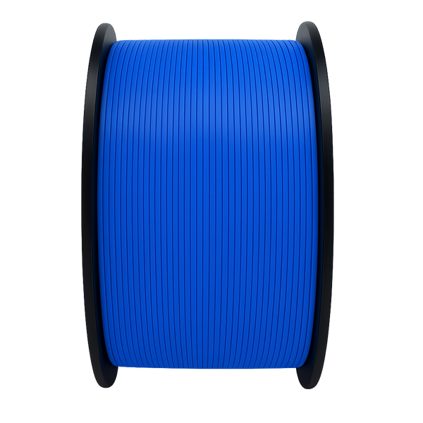Spool of blue filament on a white background