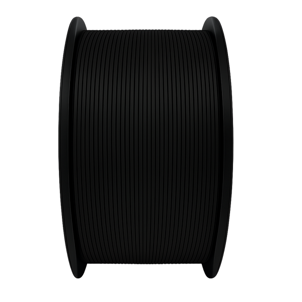 Spool of black filament on a white background