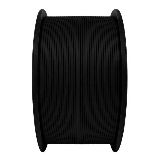 Spool of black filament on a white background