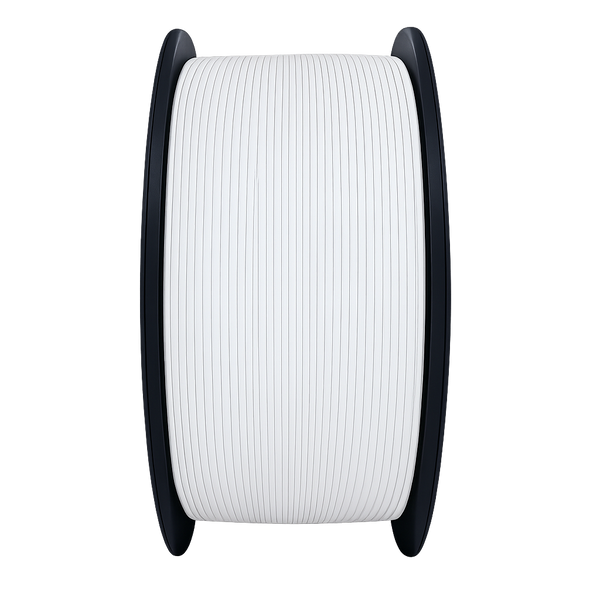 Spool of white cable on a black reel against a white background