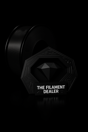 Black spool of filament with 'The Filament Dealer' branding on a black background