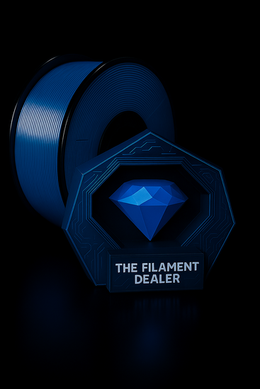Blue spool of filament with 'The Filament Dealer' branding on a black background