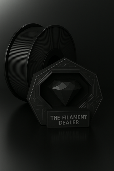 Black spool of filament and packaging with 'The Filament Dealer' branding on a dark background