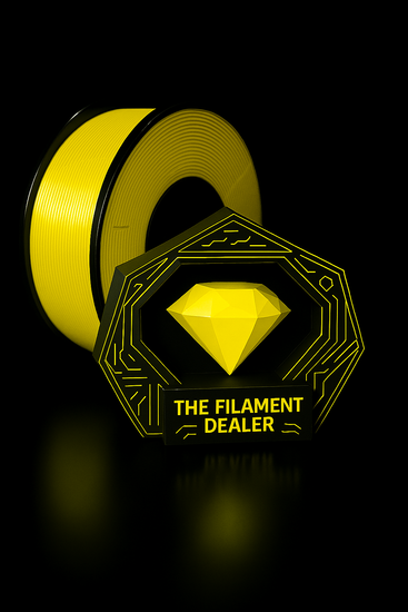 Yellow spool of filament with 'The Filament Dealer' branding on a black background