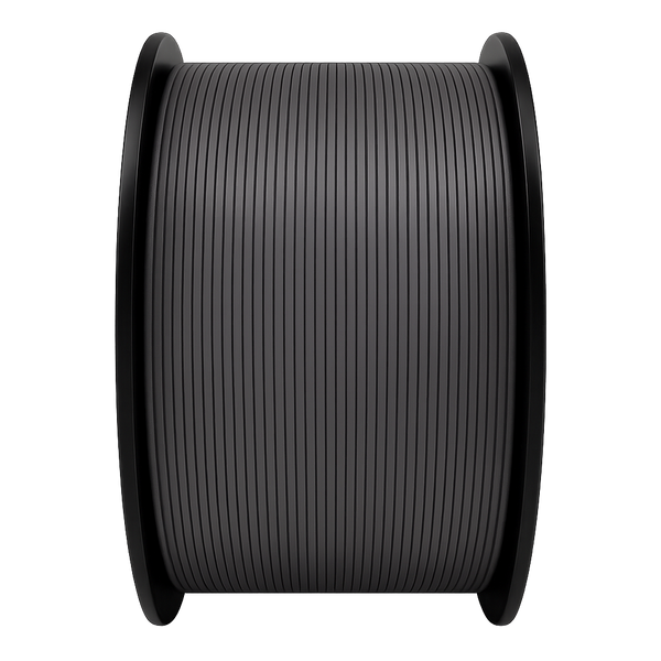 Spool of black filament on a white background