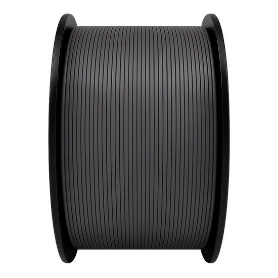 Spool of black filament on a white background